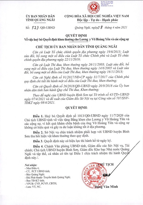 Ông Võ Hoàng Yên nộp lại bằng khen cho tỉnh Quảng Ngãi - 2 Ông Võ Hoàng Yên nộp lại bằng khen cho tỉnh Quảng Ngãi - 2