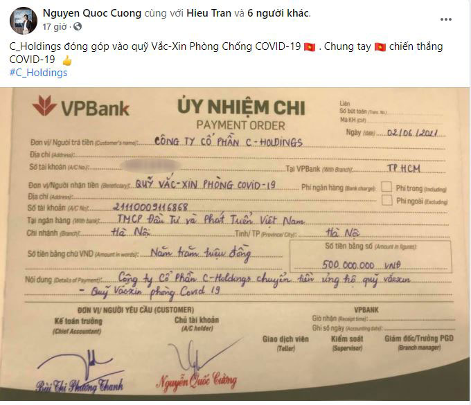 Vợ chồng Cường Đô La - Đàm Thu Trang thay mặt công ty ủng hộ 500 triệu đồng cho Quỹ vaccine phòng Covid-19 Vợ chồng Cường Đô La - Đàm Thu Trang thay mặt công ty ủng hộ 500 triệu đồng cho Quỹ vaccine phòng Covid-19