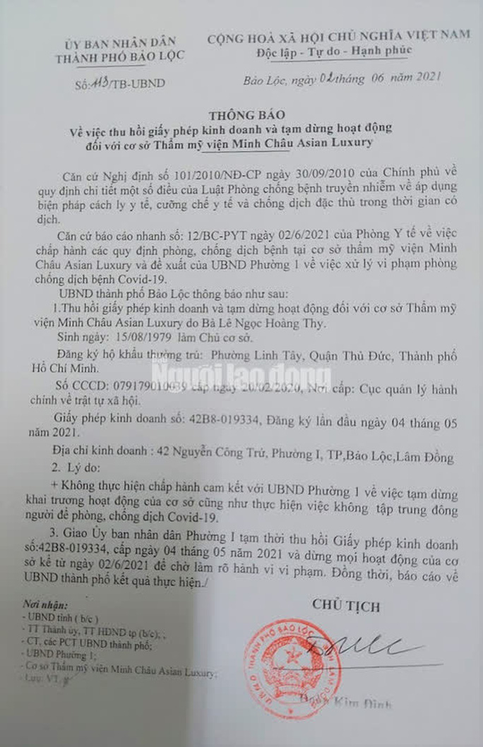 Thu hồi giấy phép và dừng hoạt động thẩm mỹ viện vi phạm về phòng chống dịch Covid-19 Thu hồi giấy phép và dừng hoạt động thẩm mỹ viện vi phạm về phòng chống dịch Covid-19