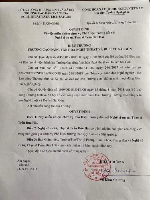 Hiệu trưởng miễn nhiệm chức vụ Phó Hiệu trưởng của NSƯT Đức Hải liệu có đúng thẩm quyền? - 1 Hiệu trưởng miễn nhiệm chức vụ Phó Hiệu trưởng của NSƯT Đức Hải liệu có đúng thẩm quyền? - 1