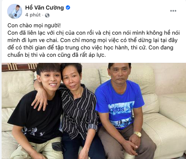 Hồ Văn Cường chính thức nói rõ về chuyện chị gái lụm ve chai, bức xúc lên tiếng: 'Con đang chuẩn bị thi, con cũng rất áp lực' Hồ Văn Cường chính thức nói rõ về chuyện chị gái lụm ve chai, bức xúc lên tiếng: 'Con đang chuẩn bị thi, con cũng rất áp lực'