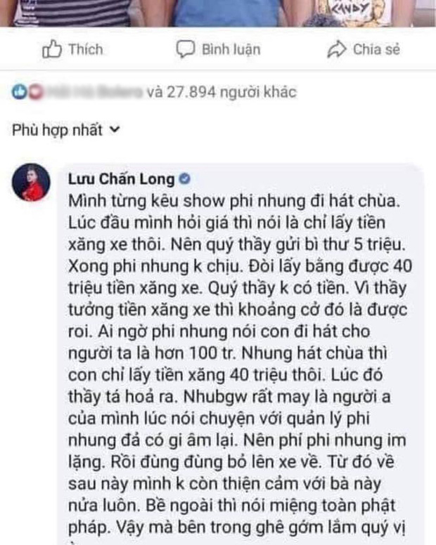 HOT: Ca sĩ Lưu Chấn Long tố Phi Nhung đi hát ở chùa với cát xê 'cắt cổ', nói chỉ lấy tiền xăng xe nhưng đòi bằng được 40 triệu đồng HOT: Ca sĩ Lưu Chấn Long tố Phi Nhung đi hát ở chùa với cát xê 'cắt cổ', nói chỉ lấy tiền xăng xe nhưng đòi bằng được 40 triệu đồng