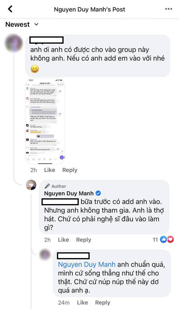 Duy Mạnh gây xôn xao vì chia sẻ đối lập hẳn với Phương Thanh liên quan tới nhóm chat 'Nghệ sĩ Việt' - 2 Duy Mạnh gây xôn xao vì chia sẻ đối lập hẳn với Phương Thanh liên quan tới nhóm chat 'Nghệ sĩ Việt' - 2