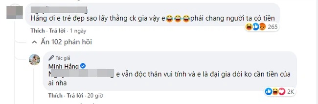 Bị 'đá xéo' chuyện chấp nhận lấy chồng già vì ham tiền, Minh Hằng đáp trả một câu khiến antifan tắt điện' - 1 Bị 'đá xéo' chuyện chấp nhận lấy chồng già vì ham tiền, Minh Hằng đáp trả một câu khiến antifan tắt điện' - 1