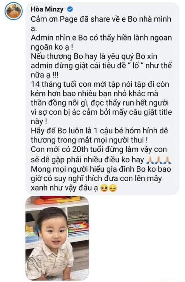 Hòa Minzy phản ứng gay gắt khi con trai 20 tháng tuổi được tung hô là thần đồng: 'Nếu thương Bo xin đừng giật tít lố như thế' - 1 Hòa Minzy phản ứng gay gắt khi con trai 20 tháng tuổi được tung hô là thần đồng: 'Nếu thương Bo xin đừng giật tít lố như thế' - 1