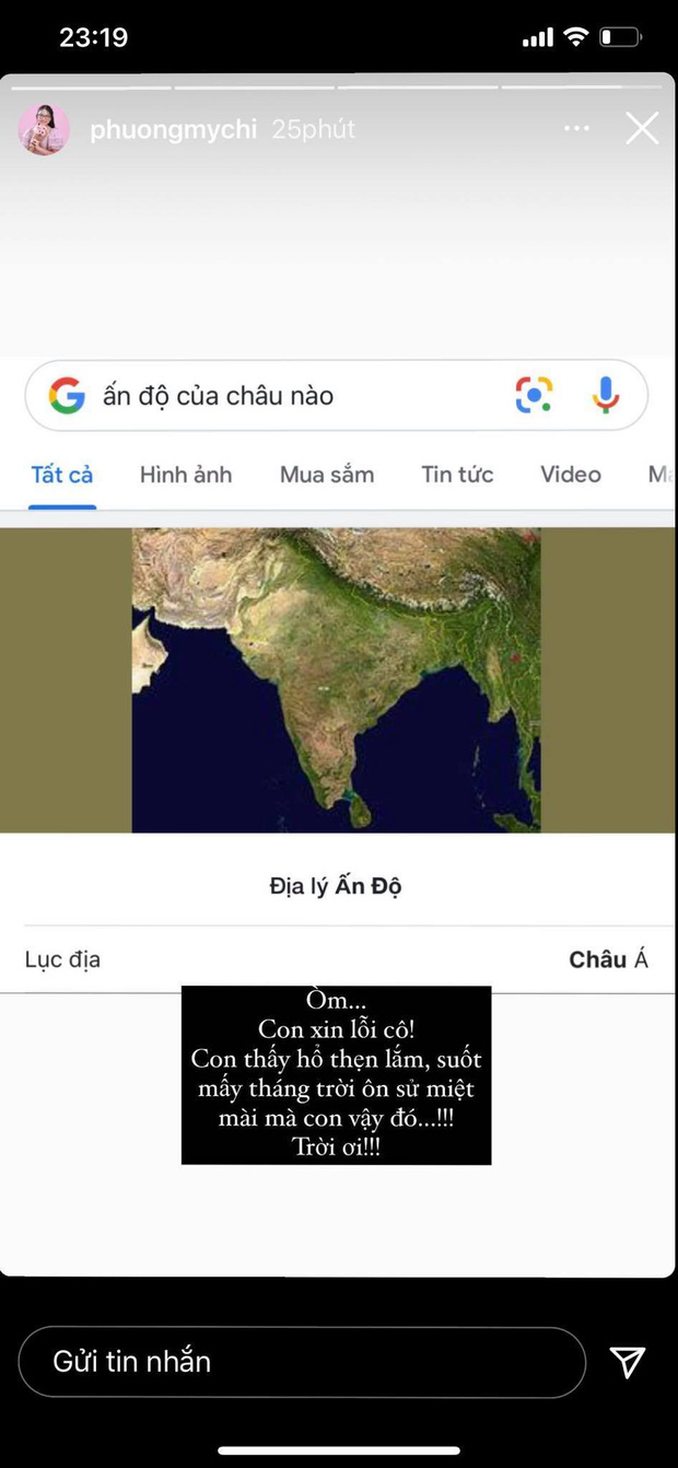 Phương Mỹ Chi thừa nhận đã nhầm 'Ấn Độ nằm ở Châu Phi' khi làm bài thi Lịch sử, nói một câu xin lỗi nghe mà xót Phương Mỹ Chi thừa nhận đã nhầm 'Ấn Độ nằm ở Châu Phi' khi làm bài thi Lịch sử, nói một câu xin lỗi nghe mà xót