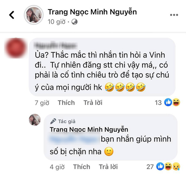 Lương Minh Trang lại bị Vinh Râu chặn Facebook và giờ... block cả số điện thoại? - 1 Lương Minh Trang lại bị Vinh Râu chặn Facebook và giờ... block cả số điện thoại? - 1