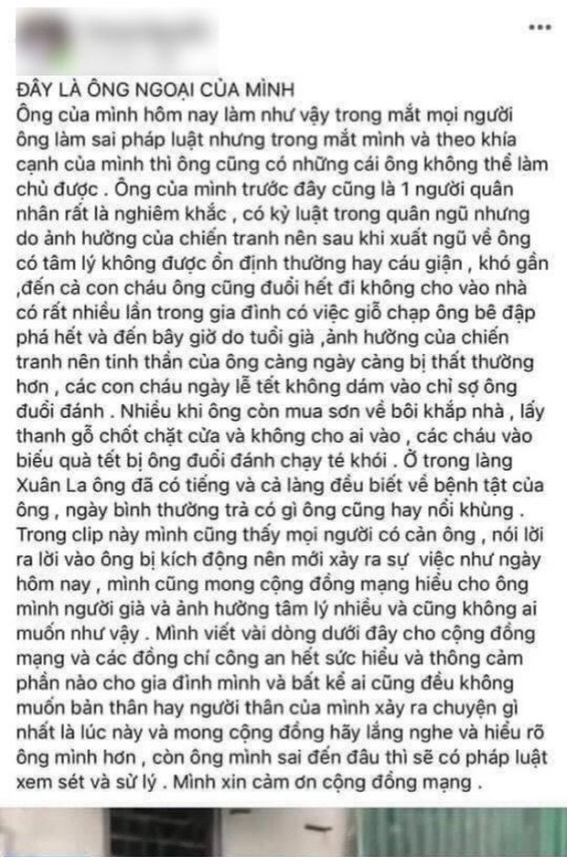 Người nhà ông cụ cầm mũ cối đánh công an chảy máu đầu mong được thông cảm: 'Sau khi xuất ngũ, tâm lý ông không được ổn định' - 1 Người nhà ông cụ cầm mũ cối đánh công an chảy máu đầu mong được thông cảm: 'Sau khi xuất ngũ, tâm lý ông không được ổn định' - 1