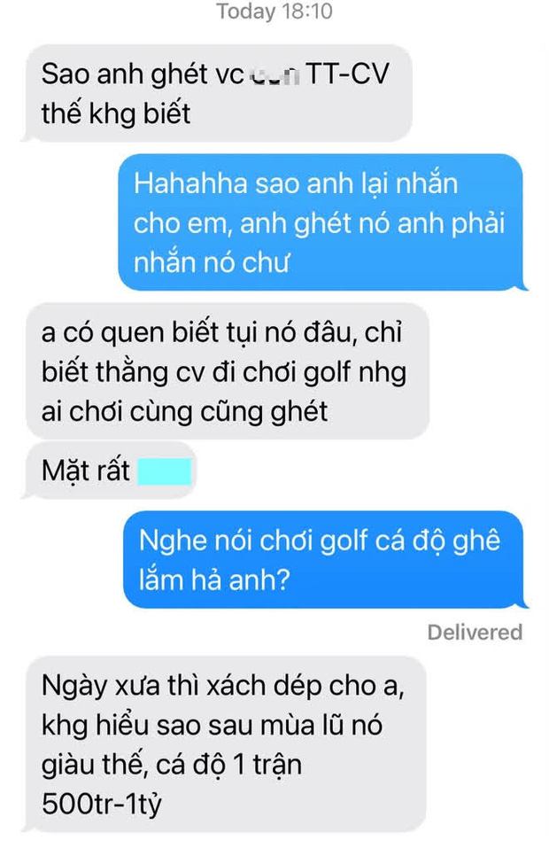 Biến mới: Pha Lê đăng đoạn chat ghi 2 nhân vật TT - CV bị người dưng ghét, còn từng 'cá độ' chơi golf số tiền cực khủng sau mùa lũ? - 1 Biến mới: Pha Lê đăng đoạn chat ghi 2 nhân vật TT - CV bị người dưng ghét, còn từng 'cá độ' chơi golf số tiền cực khủng sau mùa lũ? - 1