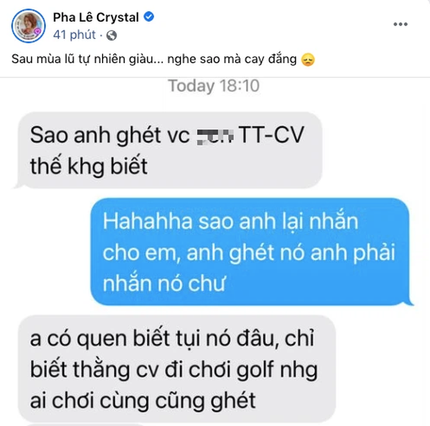 Biến mới: Pha Lê đăng đoạn chat ghi 2 nhân vật TT - CV bị người dưng ghét, còn từng 'cá độ' chơi golf số tiền cực khủng sau mùa lũ? Biến mới: Pha Lê đăng đoạn chat ghi 2 nhân vật TT - CV bị người dưng ghét, còn từng 'cá độ' chơi golf số tiền cực khủng sau mùa lũ?