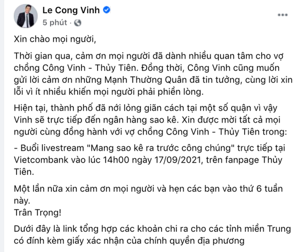 CHÍNH THỨC: Công Vinh chốt ngày giờ sao kê 177 tỷ, tung đầy đủ bằng chứng mục đích sử dụng tiền quyên góp từ thiện CHÍNH THỨC: Công Vinh chốt ngày giờ sao kê 177 tỷ, tung đầy đủ bằng chứng mục đích sử dụng tiền quyên góp từ thiện