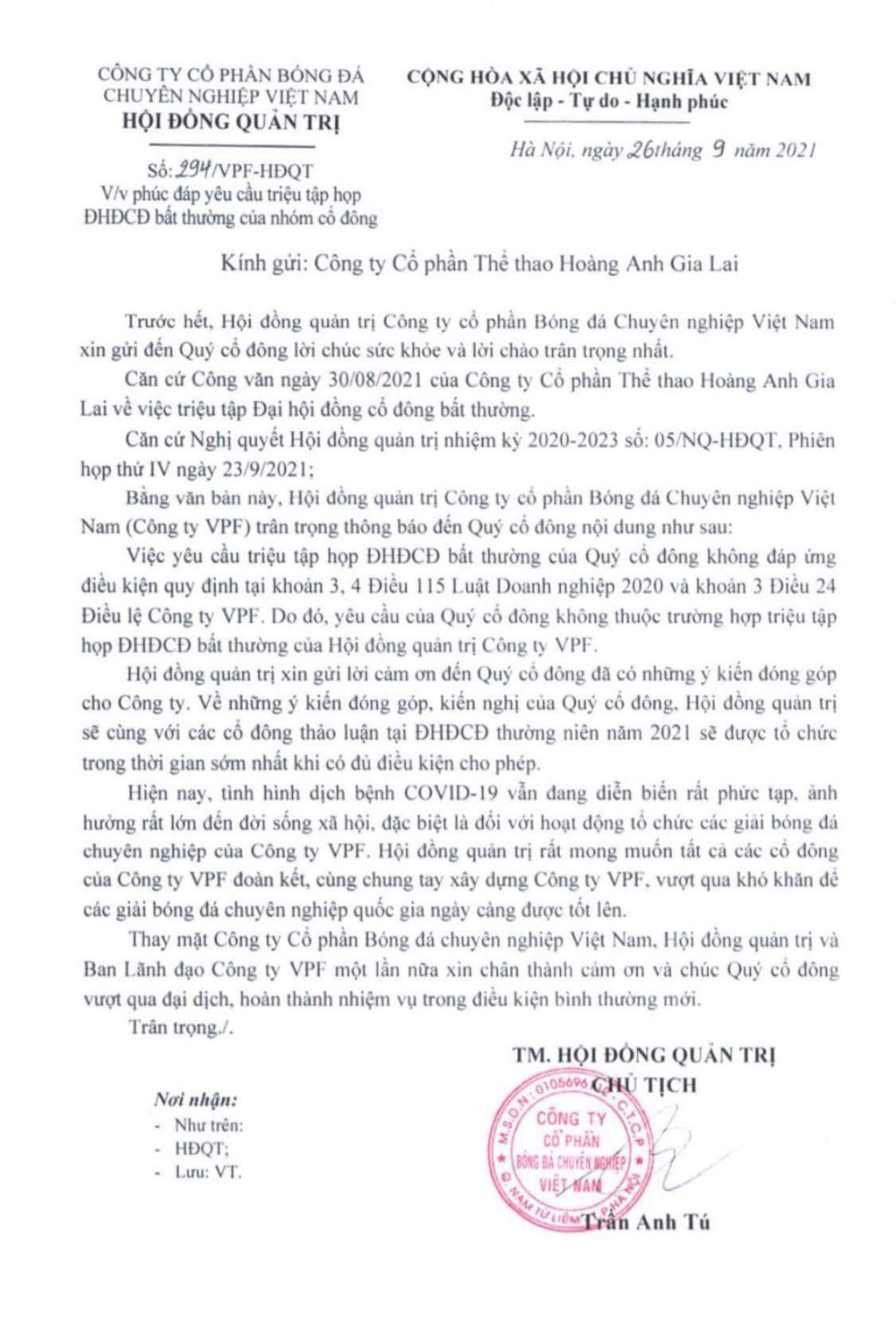 VPF bác đơn của HAGL, không thực hiện yêu cầu từ phía bầu Đức và một số CLB V.League VPF bác đơn của HAGL, không thực hiện yêu cầu từ phía bầu Đức và một số CLB V.League