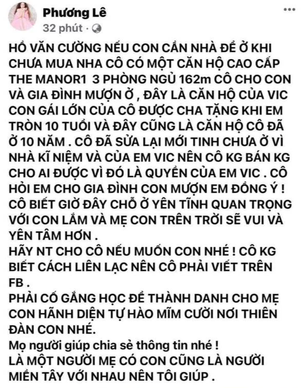 1 Hoa hậu tuyên bố cho gia đình Hồ Văn Cường mượn chung cư cao cấp 10 tỷ để ở sau khi rời khỏi nhà Phi Nhung 1 Hoa hậu tuyên bố cho gia đình Hồ Văn Cường mượn chung cư cao cấp 10 tỷ để ở sau khi rời khỏi nhà Phi Nhung