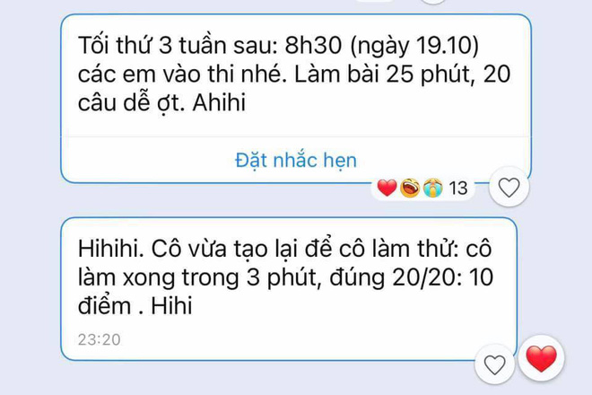 Cô giáo thông báo lịch thi online vào buổi tối, tiện tay gửi kèm 1 dòng tin nhắn làm tụi học trò tức anh ách Cô giáo thông báo lịch thi online vào buổi tối, tiện tay gửi kèm 1 dòng tin nhắn làm tụi học trò tức anh ách