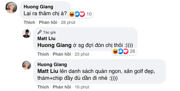 Vừa thấy Matt Liu đăng ảnh trên máy bay, nick Facebook 'Huong Giang' vội vàng vào hỏi: 'Lại ra thăm chị à?' - 1 Vừa thấy Matt Liu đăng ảnh trên máy bay, nick Facebook 'Huong Giang' vội vàng vào hỏi: 'Lại ra thăm chị à?' - 1