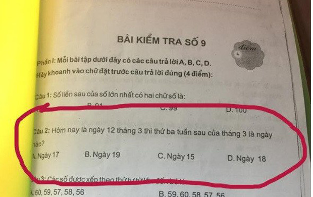 Bài toán lớp 1 gây lú, người lớn đọc xin bó tay: Hôm nay là ngày 12 tháng 3 thì thứ ba tuần sau của tháng 3 là ngày nào? Bài toán lớp 1 gây lú, người lớn đọc xin bó tay: Hôm nay là ngày 12 tháng 3 thì thứ ba tuần sau của tháng 3 là ngày nào?