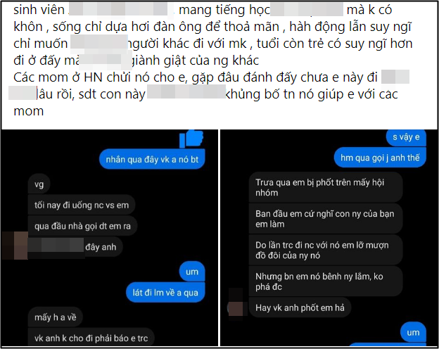 Bắt được tin nhắn chồng hẹn tiểu tam 'đi uống nước rồi cho anh làm phát', vợ bóc phốt rùm beng mới để lộ 'tình bạn drama' của nữ sinh viên khiến dân tình sôi sục Bắt được tin nhắn chồng hẹn tiểu tam 'đi uống nước rồi cho anh làm phát', vợ bóc phốt rùm beng mới để lộ 'tình bạn drama' của nữ sinh viên khiến dân tình sôi sục