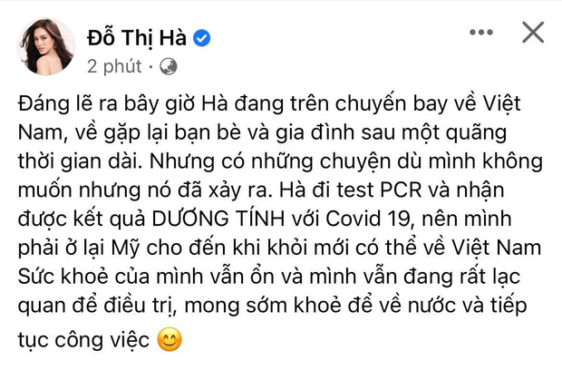 NÓNG: Đỗ Thị Hà xác nhận nhiễm Covid-19 hậu Miss World, huỷ chuyến bay về Việt Nam để điều trị ở Mỹ NÓNG: Đỗ Thị Hà xác nhận nhiễm Covid-19 hậu Miss World, huỷ chuyến bay về Việt Nam để điều trị ở Mỹ