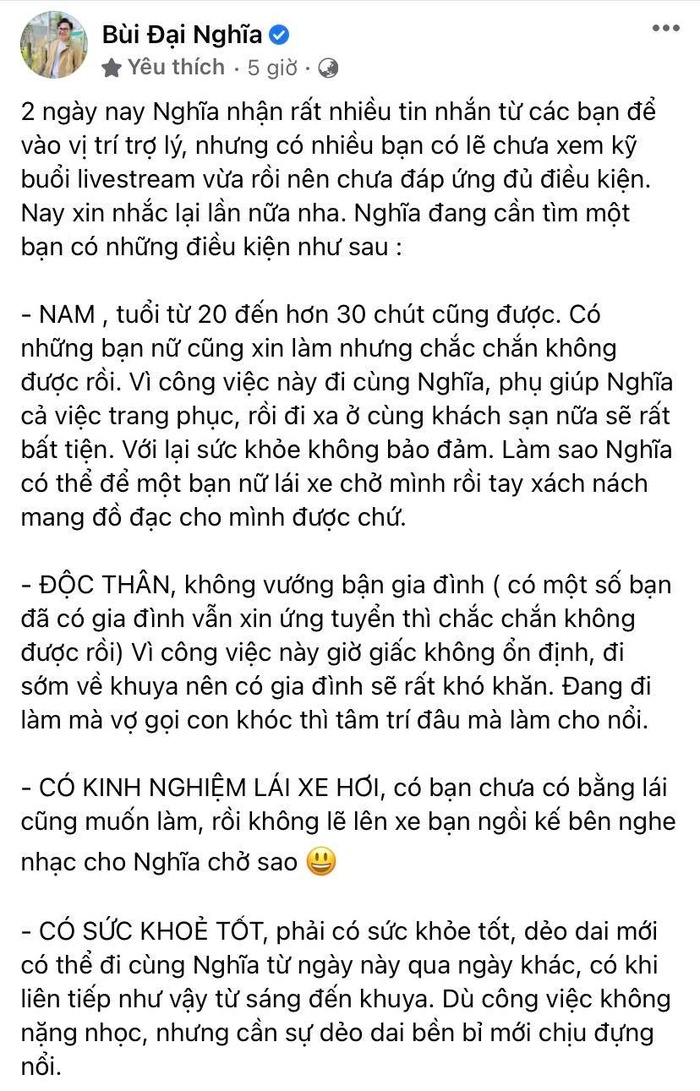 Đại Nghĩa bức xúc khi đăng tin tuyển trợ lý nhưng bị nhiều người vào suy diễn bậy bạ - 1 Đại Nghĩa bức xúc khi đăng tin tuyển trợ lý nhưng bị nhiều người vào suy diễn bậy bạ - 1