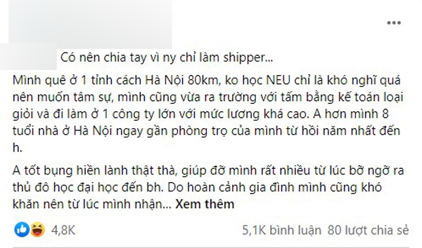 Được chu cấp 5 triệu/tháng trong suốt 4 năm học đại học, vừa ra trường cô gái đã đòi chia tay nam shipper vì không cùng 'đẳng cấp' Được chu cấp 5 triệu/tháng trong suốt 4 năm học đại học, vừa ra trường cô gái đã đòi chia tay nam shipper vì không cùng 'đẳng cấp'