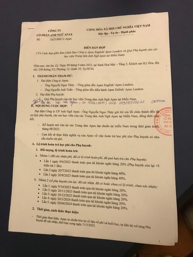 Biên bản của cuộc họp và lộ trình trả học phí của ông Thủy. (Ảnh: PCCC)