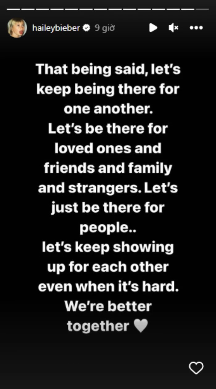 Hailey Bieber hy vọng mọi người có thể yêu thương lẫn nhau và lan tỏa nguồn năng lượng tích cực