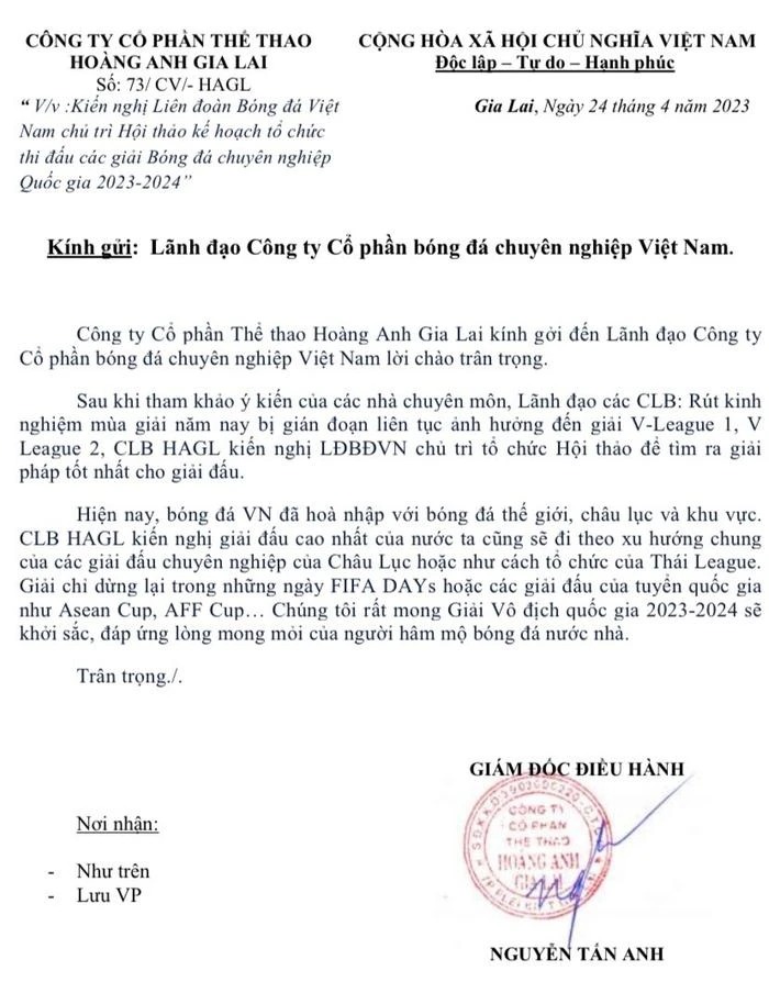 Chiều ngày 24/4, CLB HAGL có đơn kiến nghị VFF chủ trì hội thảo để thay đổi cách tổ chức các giải chuyên nghiệp.