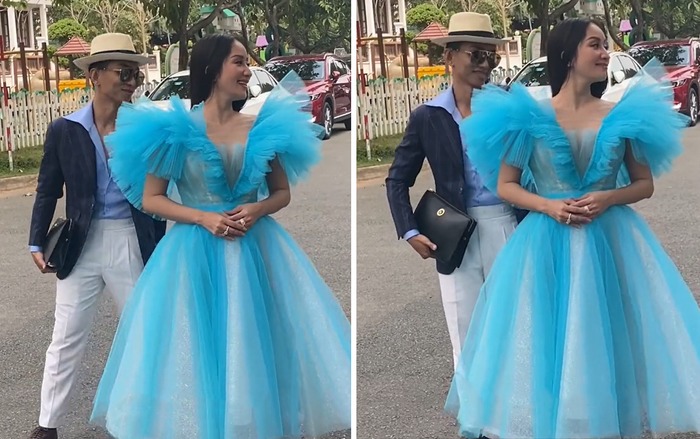 Phan Hiển liên tục chỉnh tóc cho Khánh Thi tại sự kiện.