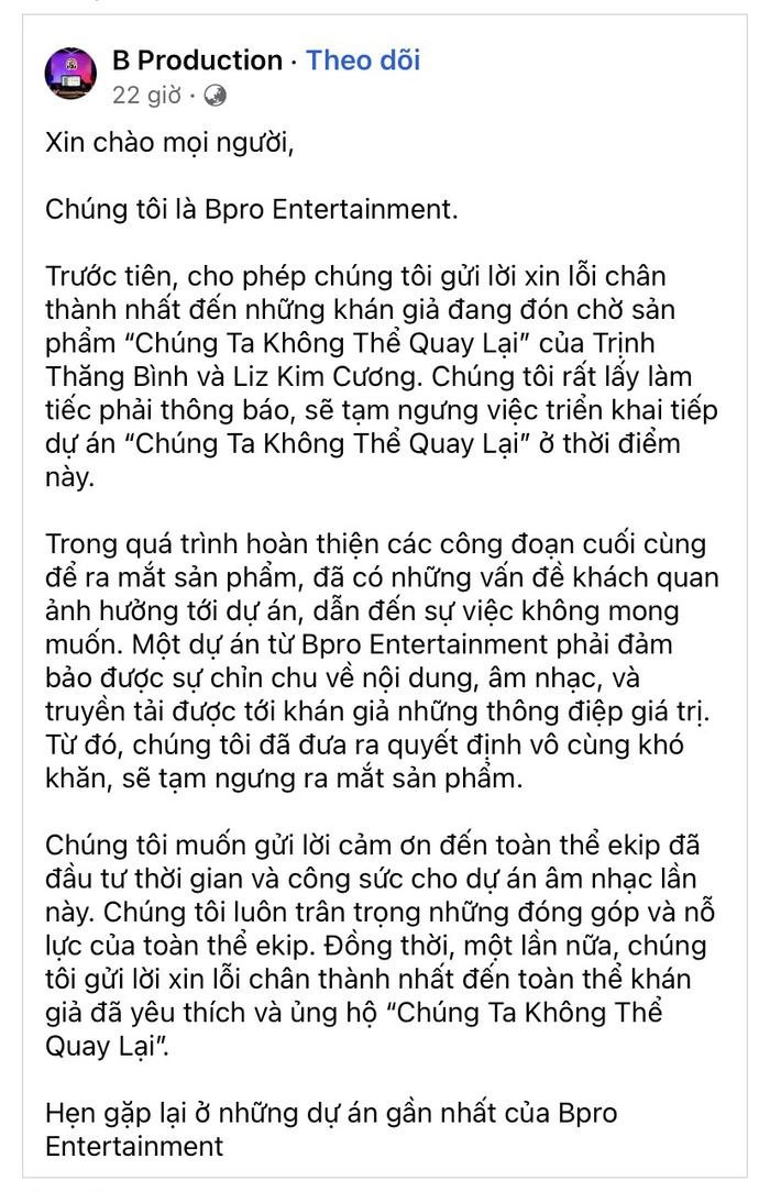 Phía công ty Trịnh Thăng Bình đưa ra thông báo huỷ sản phẩm chung của nam ca sĩ và Liz Kim Cương.