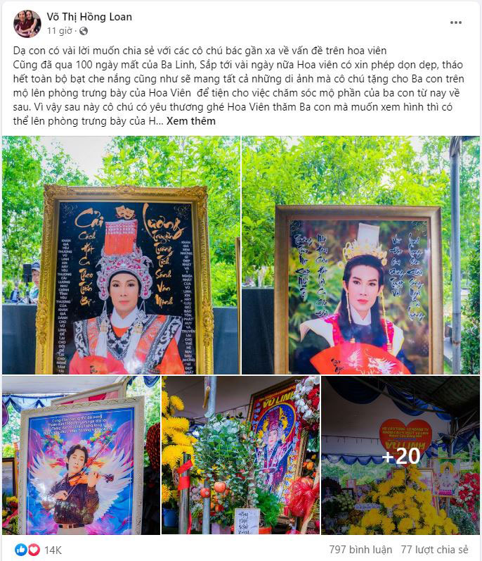 Hồng Loan thông báo tất cả những di ảnh mà cô chú tặng cho ba con trên mộ lên phòng trưng bày để tiện cho việc chăm sóc mộ phần của ba.