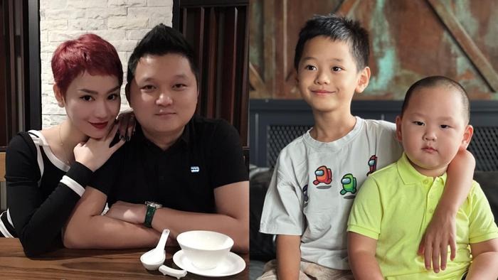 Trà My Idol còn hào hứng ghép thêm hình ảnh hai con trai ở thời điểm hiện tại