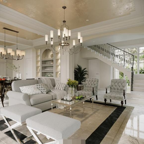 biệt thự nhà Mạnh Trường có gam màu trắng chủ đạo, được xây dựng theo kiến trúc tân cổ điển và có hồ bơi riêng. 