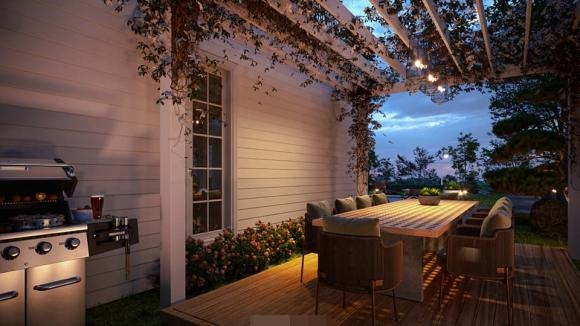 Phía ngoài biệt thự có vườn hoa rộng để gia chủ có thể thoải mái thư giãn, thưởng trà ngắm hoa, tất nhiên không thể thiếu hồ bơi xịn xò như ở resort 5 sao.