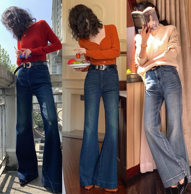 Kết hợp áo dệt kim cùng quần jean ống loe là một trong những gợi ý cho nàng diện khi đi hẹn hò. Bạn có thể chọn một chiếc áo len dáng ôm kết hợp với quần ống loe để thể hiện phong cách thanh lịch và gợi cảm.