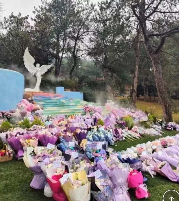 Những người yêu mến Coco Lee tụ tập, chuẩn bị hoa và quà cho cô tại Vườn tưởng niệm Coco Lee ở công viên Shimenfeng, Vũ Hán, khiến cả khu này như một biển hoa.