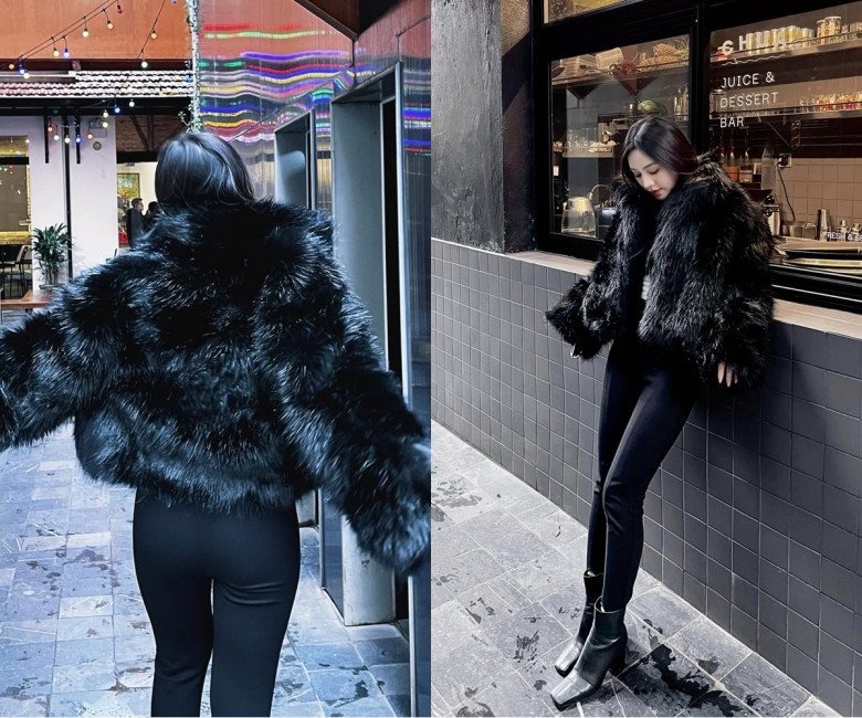 Quỳnh Kool có lẽ là mỹ nhân điểm danh item sang trọng này sớm bậc nhất. Cô mix nguyên cây màu đen. Chiếc áo lông màu đen mix cùng quần legging màu đen và boots hấp cổ mũi vuông trendy.