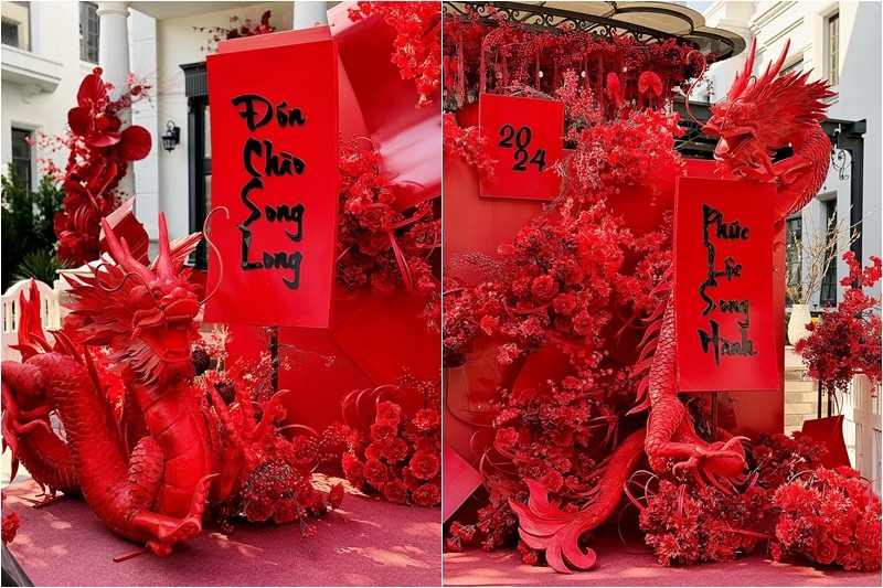 Đặc biệt, trước cửa ngôi nhà được trưng bày mô hình 2 con Rồng đặc sắc kèm theo chữ 