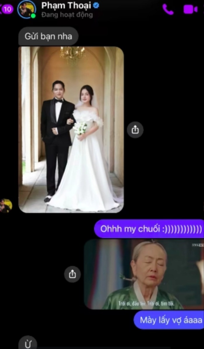 Tun Phạm công khai đoạn tin nhắn trao đổi giữa anh và Phạm Thoại, qua đó, hé lộ hậu trường chụp ảnh cưới của Phạm Thoại