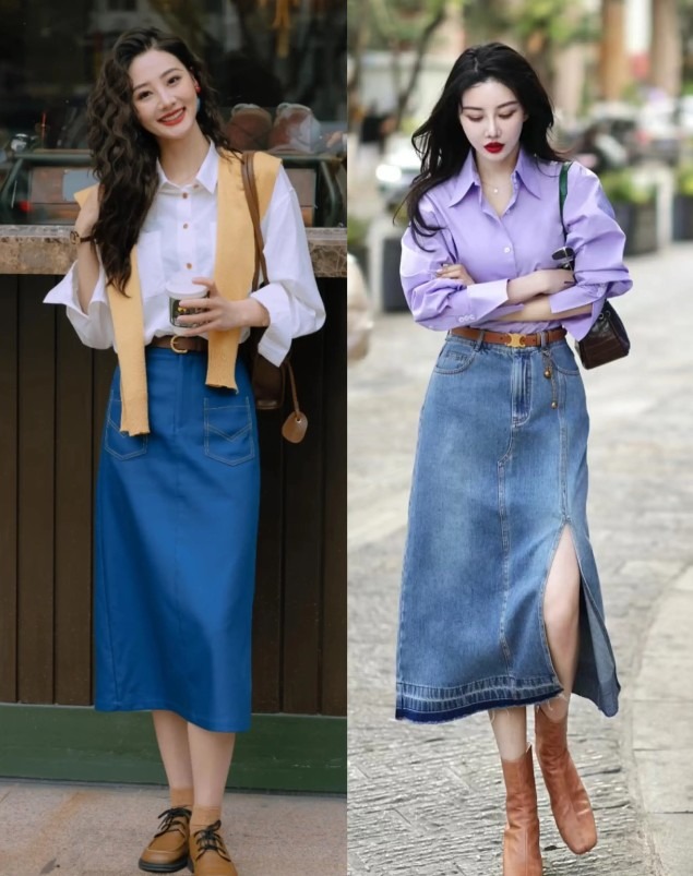 Áo sơ mi trắng hoặc tông màu pastel diện cùng chân váy denim chính là một bộ đôi hoàn hảo,