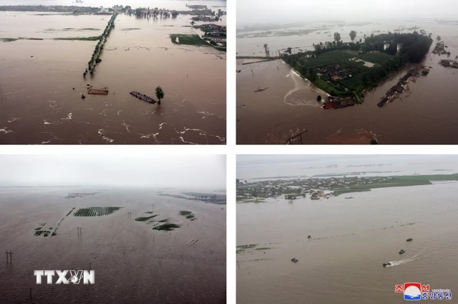 Hình ảnh do Hãng Thông tấn Trung ương Triều Tiên đăng phát ngày 28/7 cho thấy ngập lụt tại thành phố Sinuiju và huyện Uiju, tỉnh Bắc Pyongan. (Ảnh: Yonhap/TTXVN)