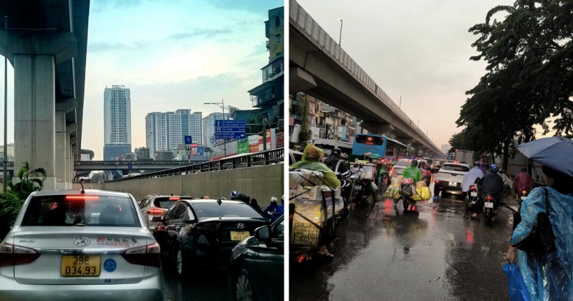 Sau trận mưa lớn đêm qua, sáng nay người dân bì bõm lội nước đi học, đi làm. Một số tuyến phố phương tiện 'chôn chân' trên đường.