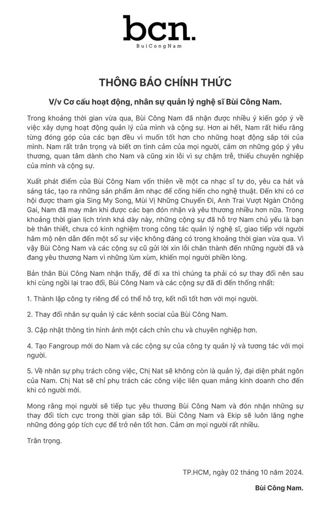 Thông báo chính thức từ Bùi Công Nam về kế hoạch nhân sự, định hướng sắp tới.