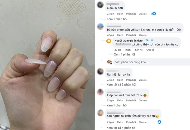 Một bộ nail khác trông đơn giản hết sức, thậm chí không có gắn đá hay vẽ hoa lá cành cầu kỳ nhưng cũng có mức giá gần 500 nghìn. Thậm chí, một số người còn 