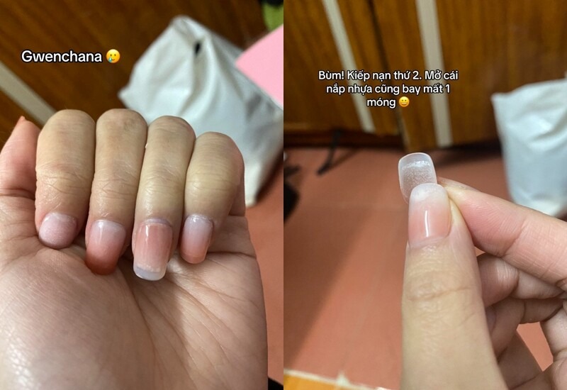 Nhận thấy sự bất ổn của bộ nail, nữ khổ chủ đã quay lại tiệm để yêu cầu sửa lại nhưng trông cũng chẳng khác biệt. Đỉnh điểm là vài ngày sau đó, một chiếc móng giả đã bị bong ra khiến cô gái chán nản.