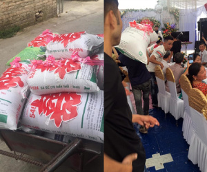 Cô dâu 'cười không ngậm được miệng' khi đám bạn lầy lội vác hẳn chục bao gạo 'siêu to khổng lồ' mừng cưới