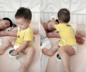 Con trai trổ tài make up cho bố đang say ngủ, nhưng gây cười nhất lại là hành động hồn nhiên sau đó