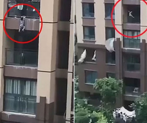 Video: Hàng xóm căng chăn, đỡ bé 3 tuổi rơi từ tầng 6