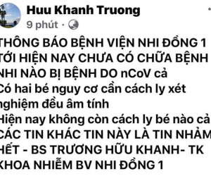 Bác tin đồn có trẻ nhiễm và 33 người chết do nCoV tại TP.HCM