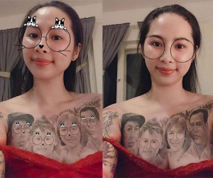 Cô gái trẻ gây choáng khi xăm hình cả gia đình lên ngực