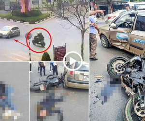 Xe phân khối lớn tông bẹp cánh cửa taxi đang sang đường, 2 người bị thương nặng